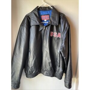 Vintage Genuine Leather Bomber Jacket Mens X-Large USA Flag Embroidery  RN87709